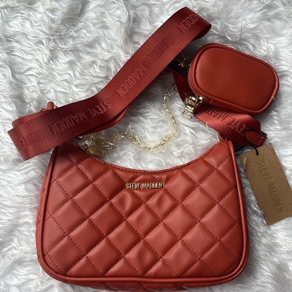 Brand New Steve Madden Quilted Stitch Orange Zip Crossbody Purse Gold Tone Chain - Picture 15 of 15